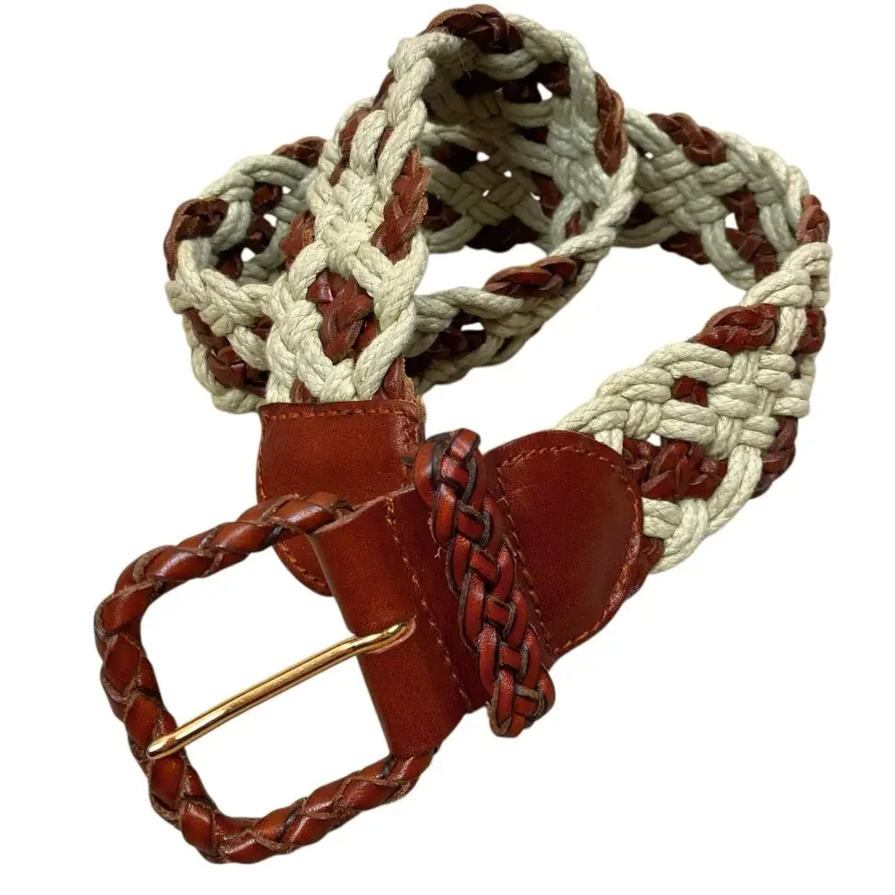 Vintage Fossil Leather Braided Wide Belt Size S Cream Brown Boho